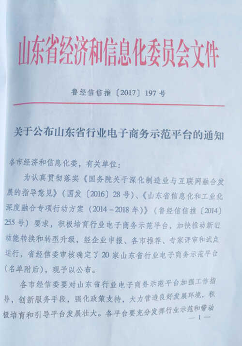 热烈祝贺我集团“亿矿网”项目被评为山东省行业电子商务示范平台